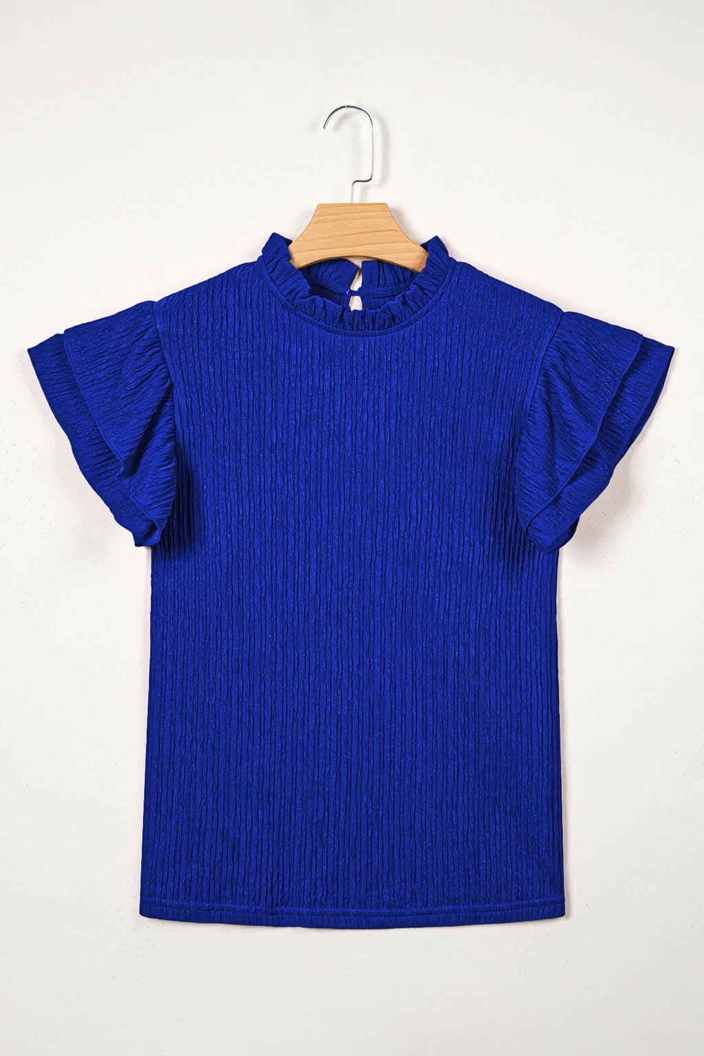 Solid Textured Ruffle Trim Short Sleeve Blouse in Dark Blue - back view