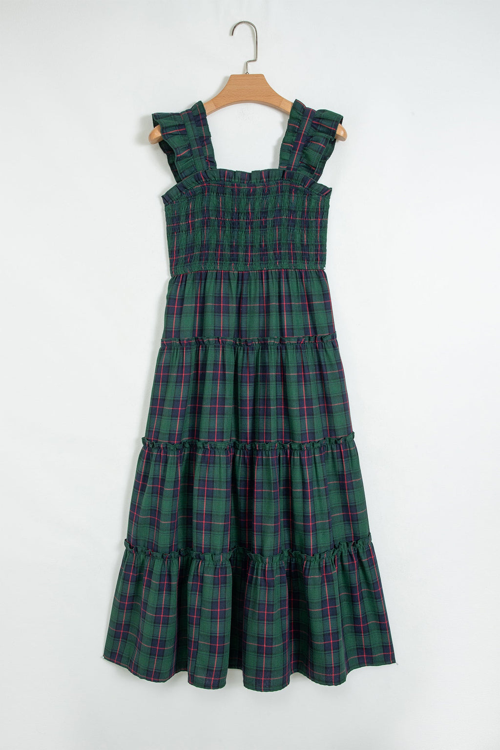 Plaid Ruffle Sleeveless Shirred Tiered Midi Dress in Green, detail view