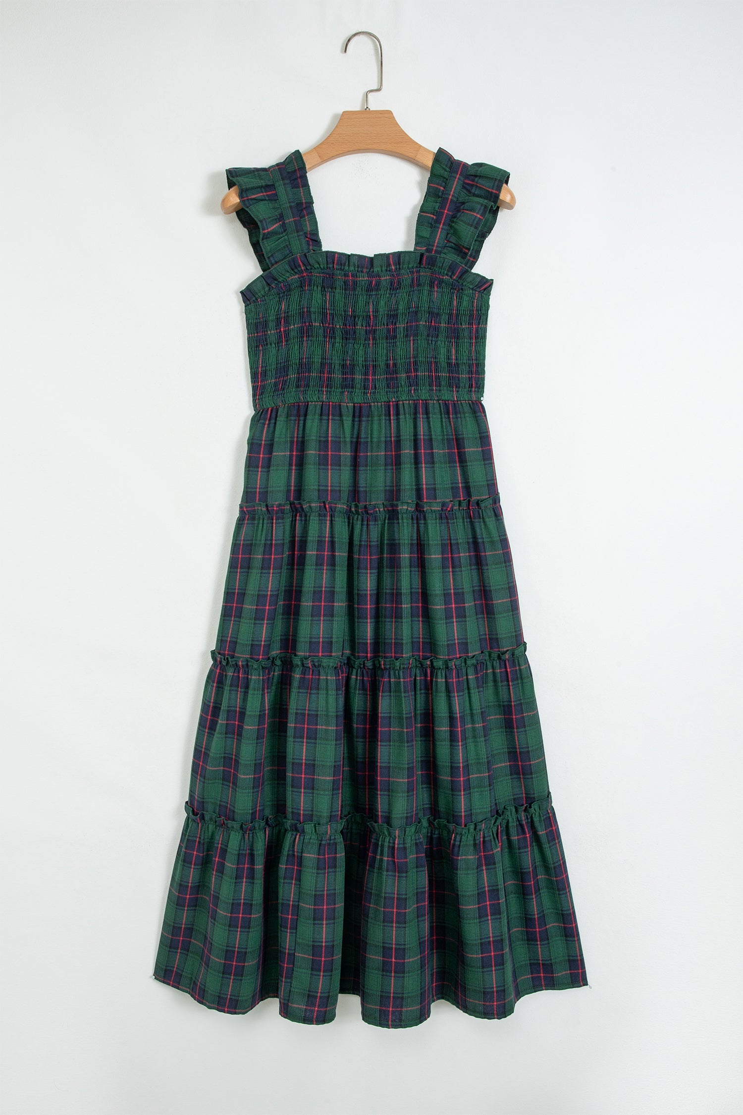 Plaid Ruffle Sleeveless Shirred Tiered Midi Dress in Green, detail view