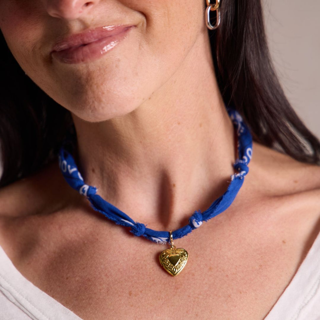 Blue Bandana Charm Necklace - styled on model