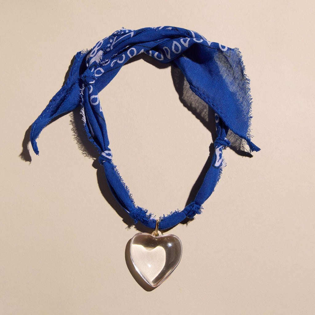 Blue Bandana Charm Necklace with Silver Oversized Heart Charm