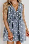 Vintage Polka Dot Denim Romper in Light Blue - front view showing tie detail