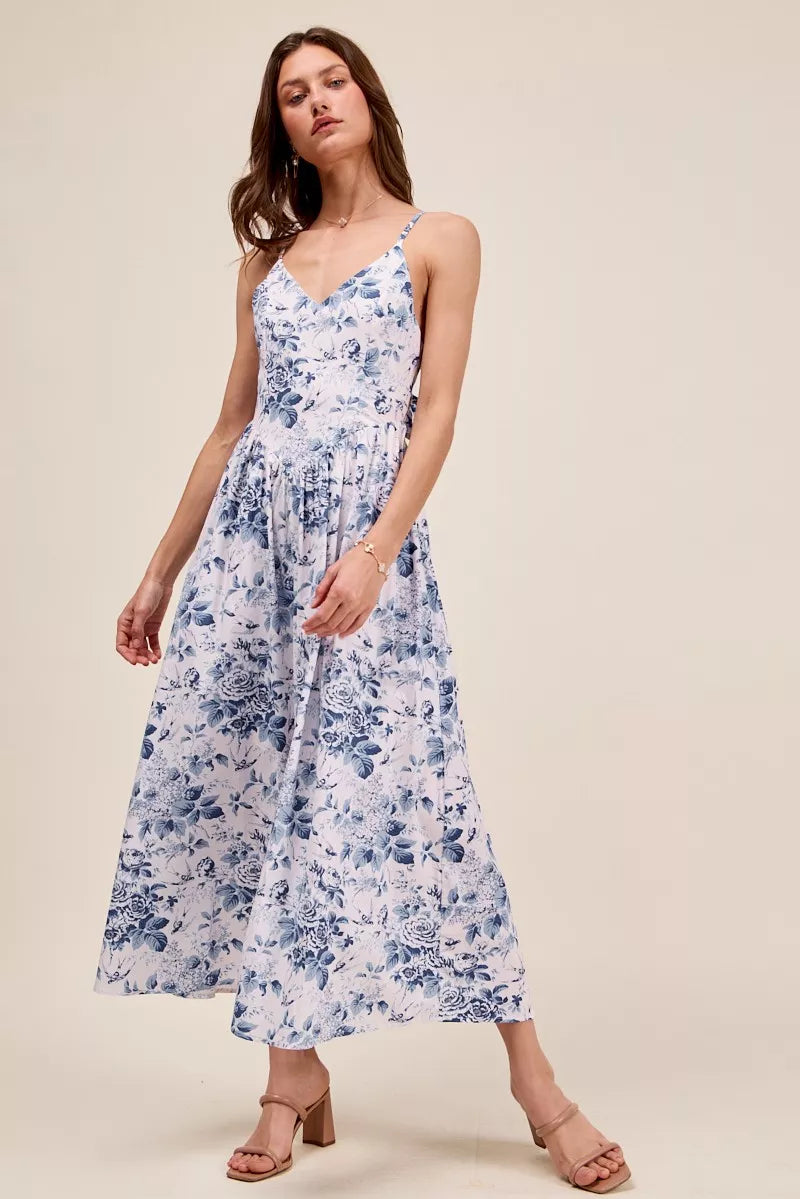 SO ME Floral Woven V Neck Dress With Back Ribbon Tie - close up of V neck and floral woven fabric