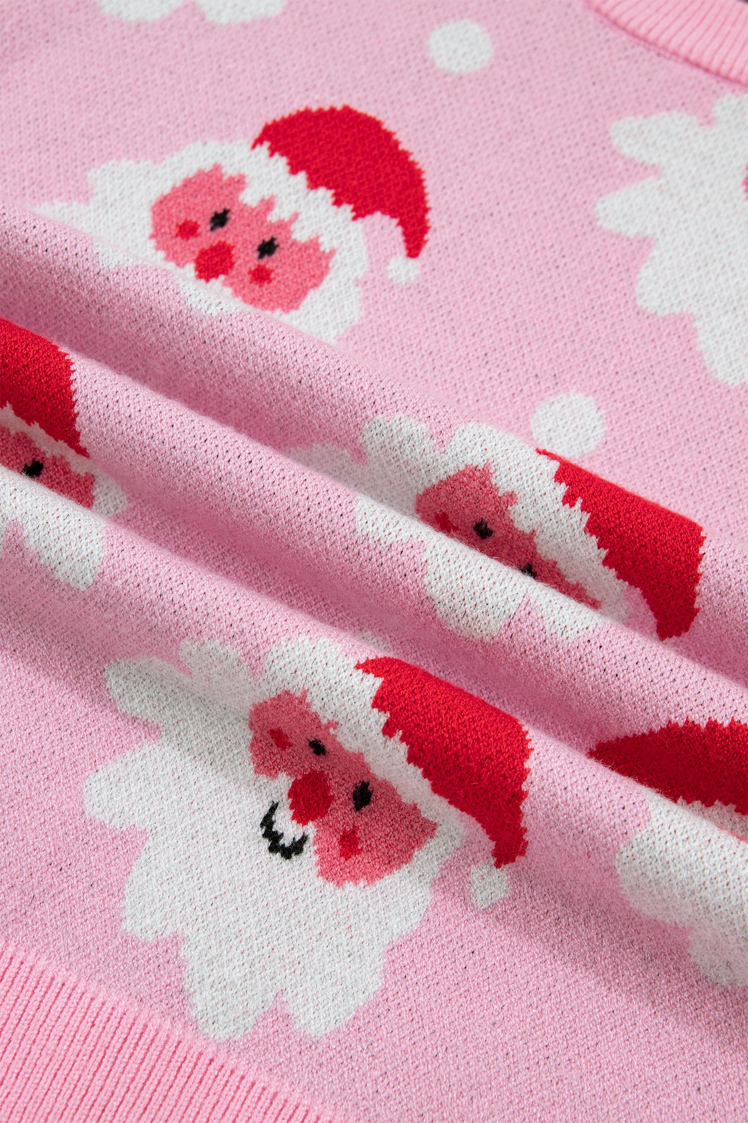 Santa Ribbed Trim Long Sleeve Christmas Sweater in Pink, close-up detail