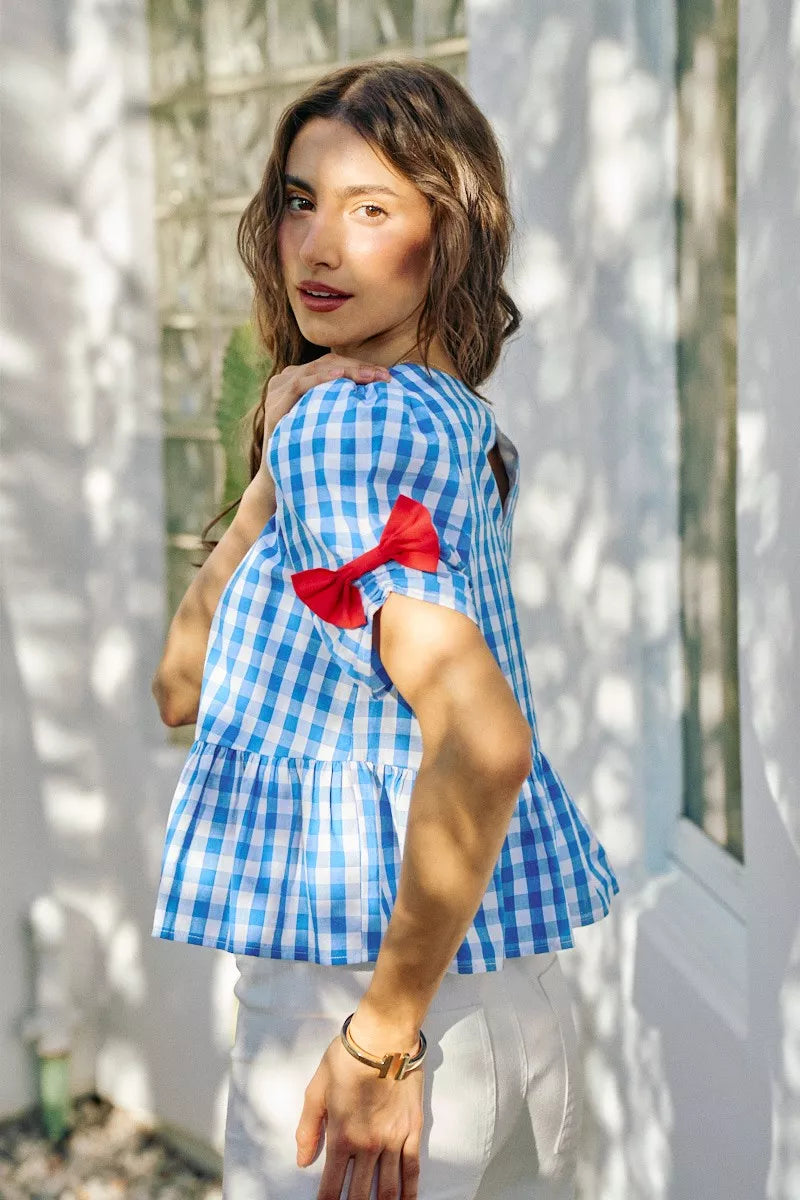 SO ME 4th Of July Gingham Ribbon Detail Short Sleeves Blouse - back view