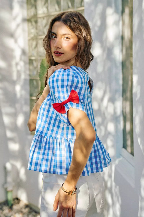 SO ME 4th Of July Gingham Ribbon Detail Short Sleeves Blouse - back view