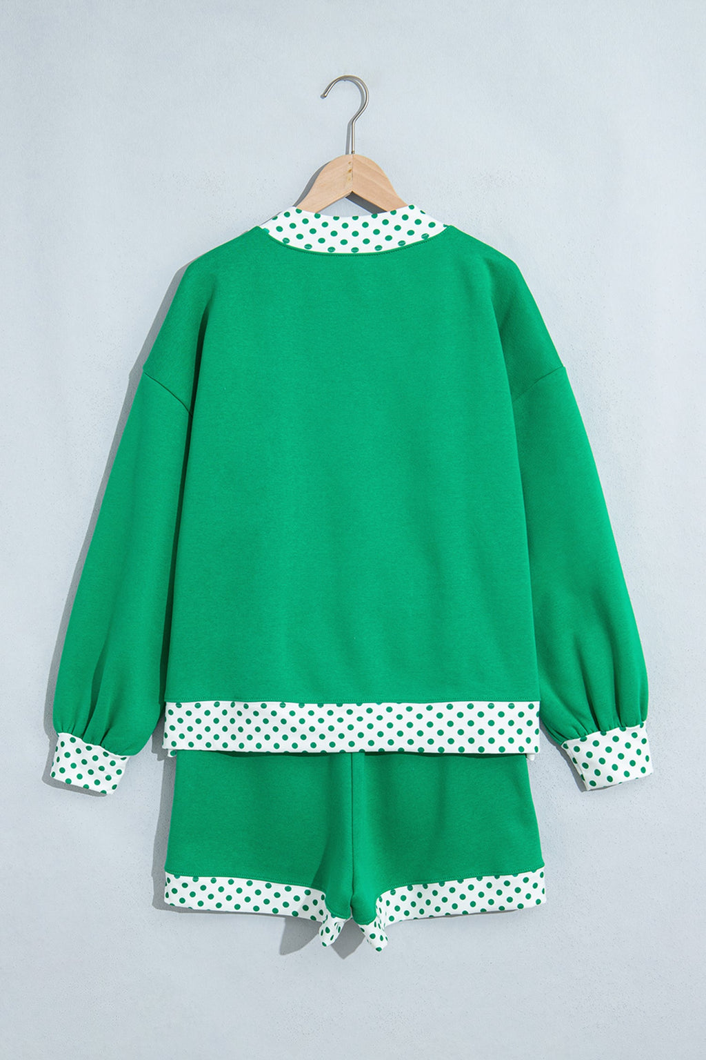 Polka Dot Gingham Trim Sweatshirt & Shorts Set in bright green, styled view
