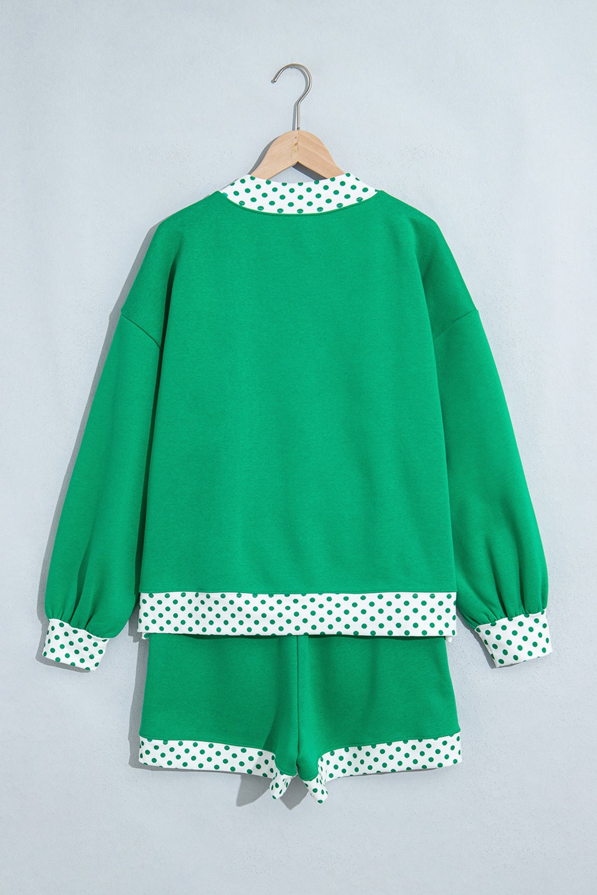 Polka Dot Gingham Trim Sweatshirt & Shorts Set in bright green, styled view