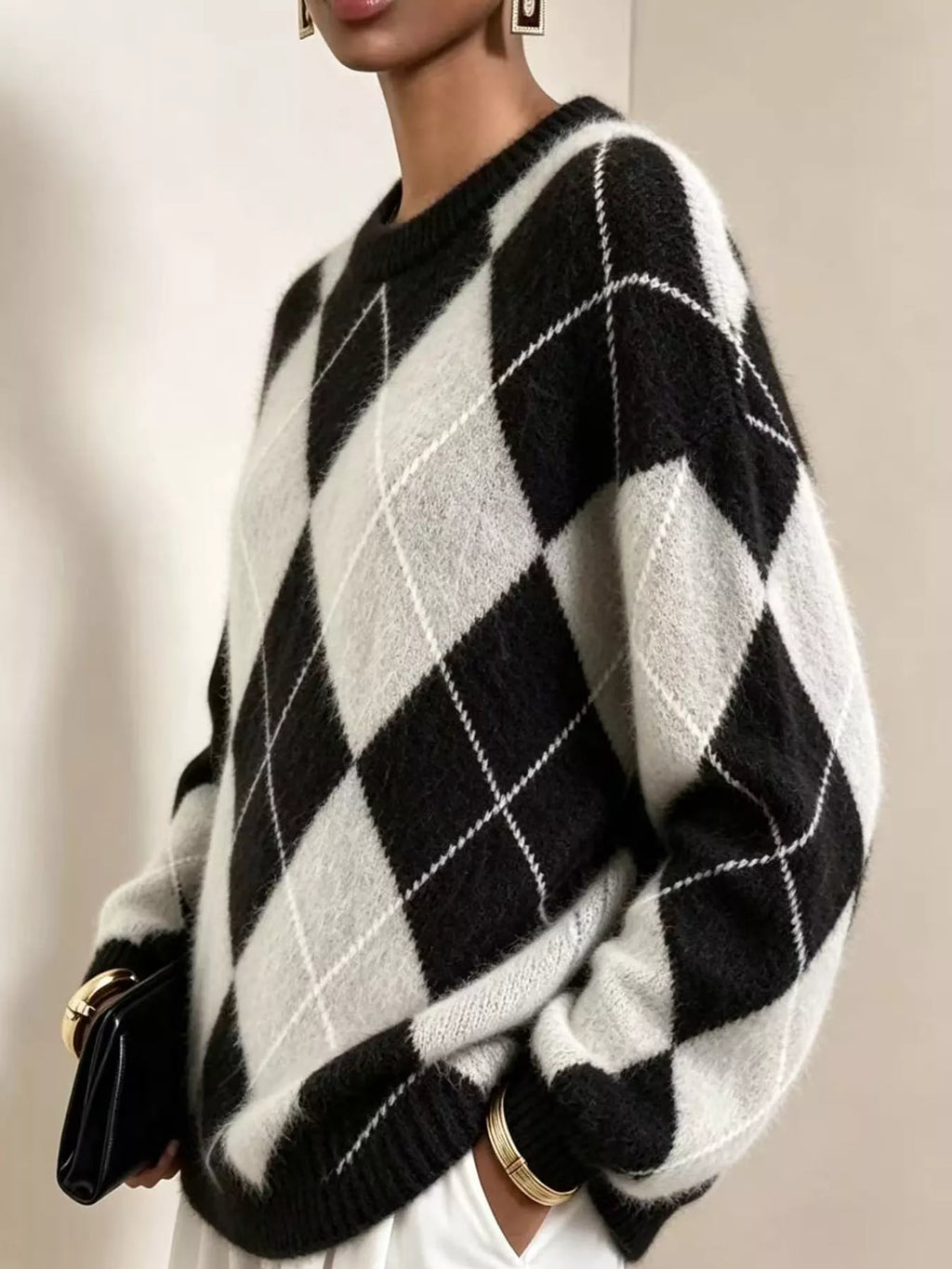 Argyle fuzzy knit sweater, women's relaxed fit - view 17