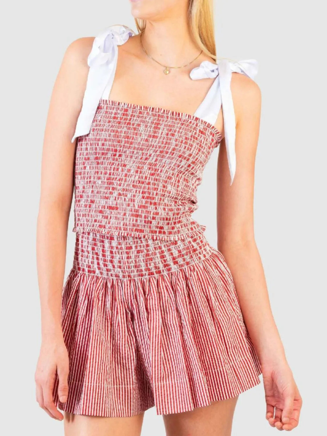 Smocked Tie Shoulder Cami and Shorts Set - smocked two-piece set, view 12