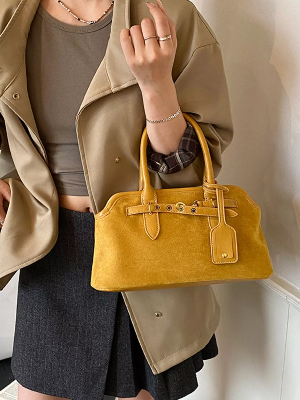 Suede Buckle Detail Handbag in black, coffee brown, green and yellow, additional view 3