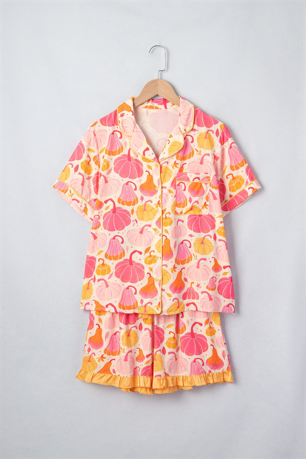 Halloween Pumpkin Top and Ruffle Shorts Lounge Set in Pink, detail view