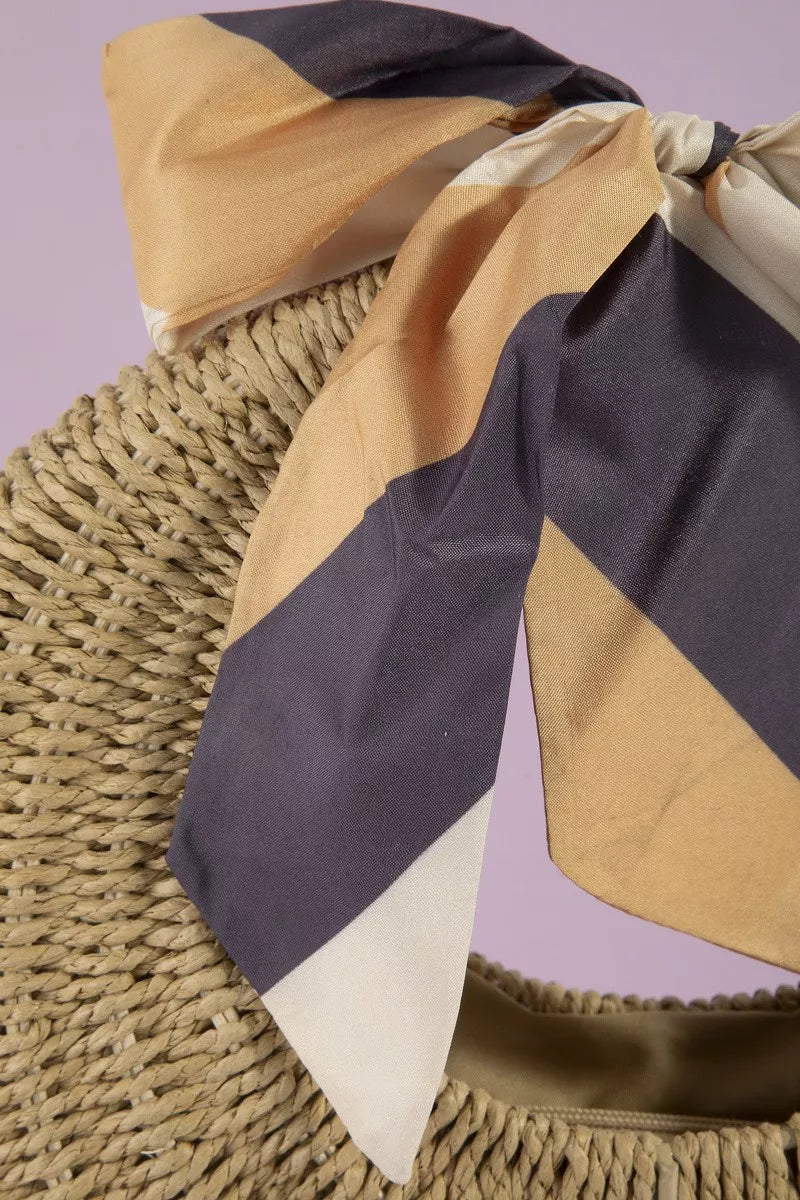 Fame Round Woven Straw Bag With Bow Scarf Accent - styled outfit view
