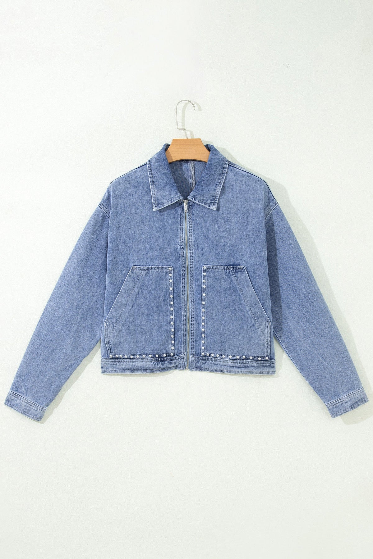 Denim Studded Pocket Zip-Up Jacket in beau blue, detail