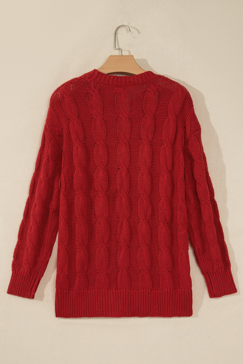 Christmas Fa La La Cable Knit Sweater in fiery red, styled view