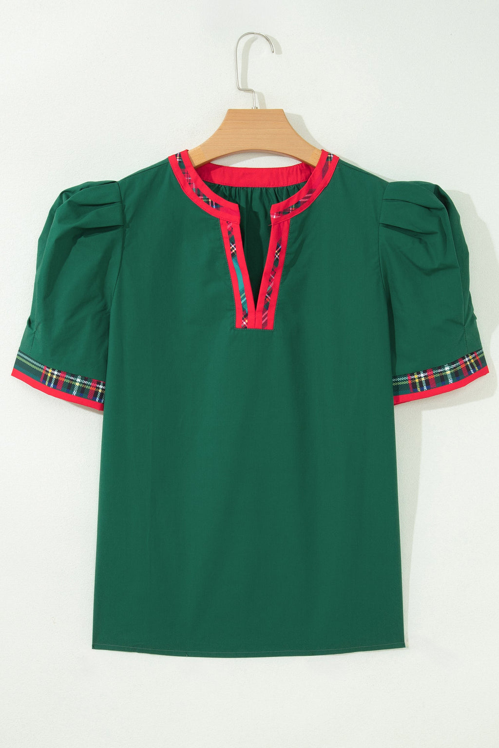 Plaid Contrast Trim V-Neck Short Sleeve Blouse in Evergreen, detail view
