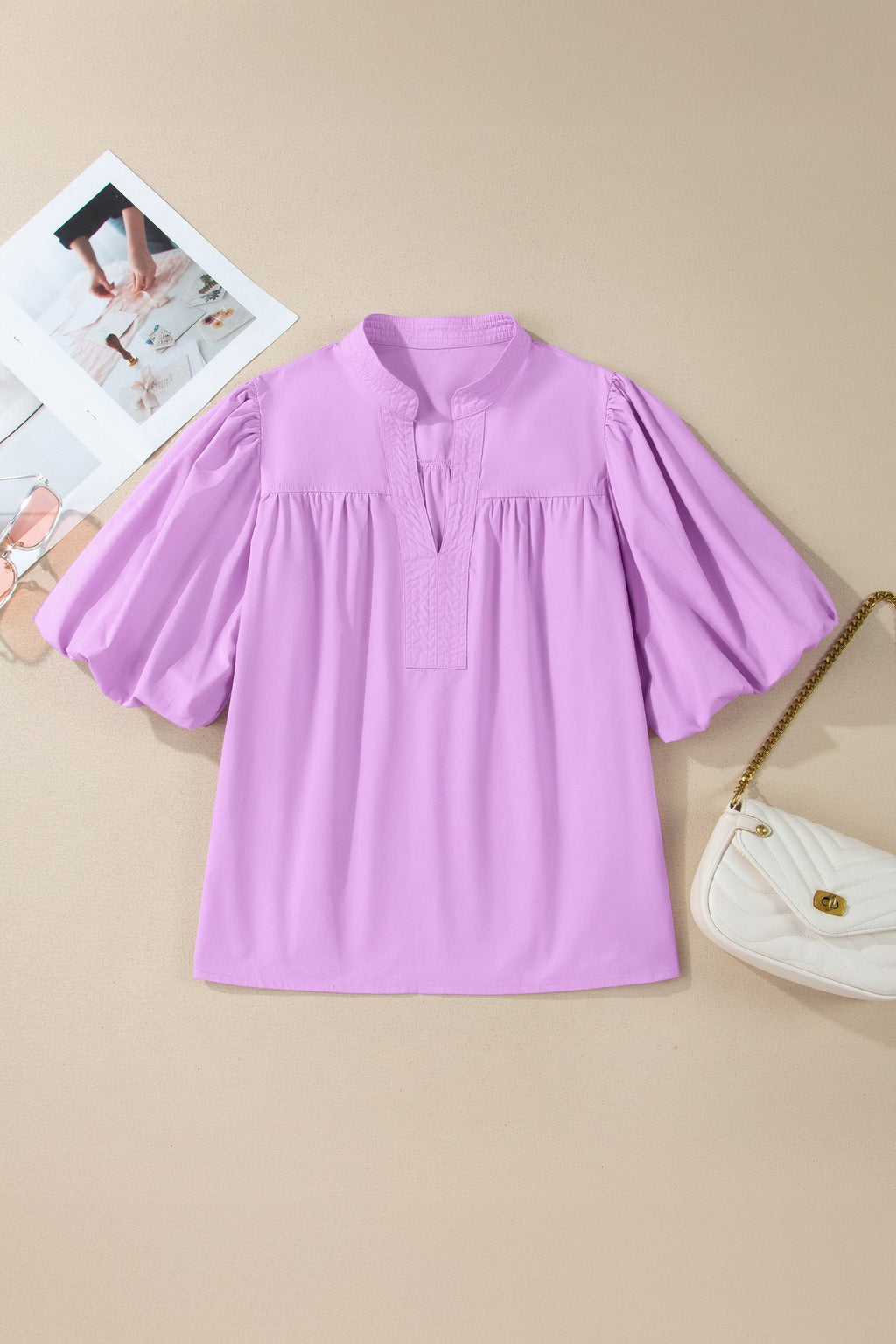 Solid Stitched V-Neck Short Puff Sleeve Blouse in Phalaenopsis - back view