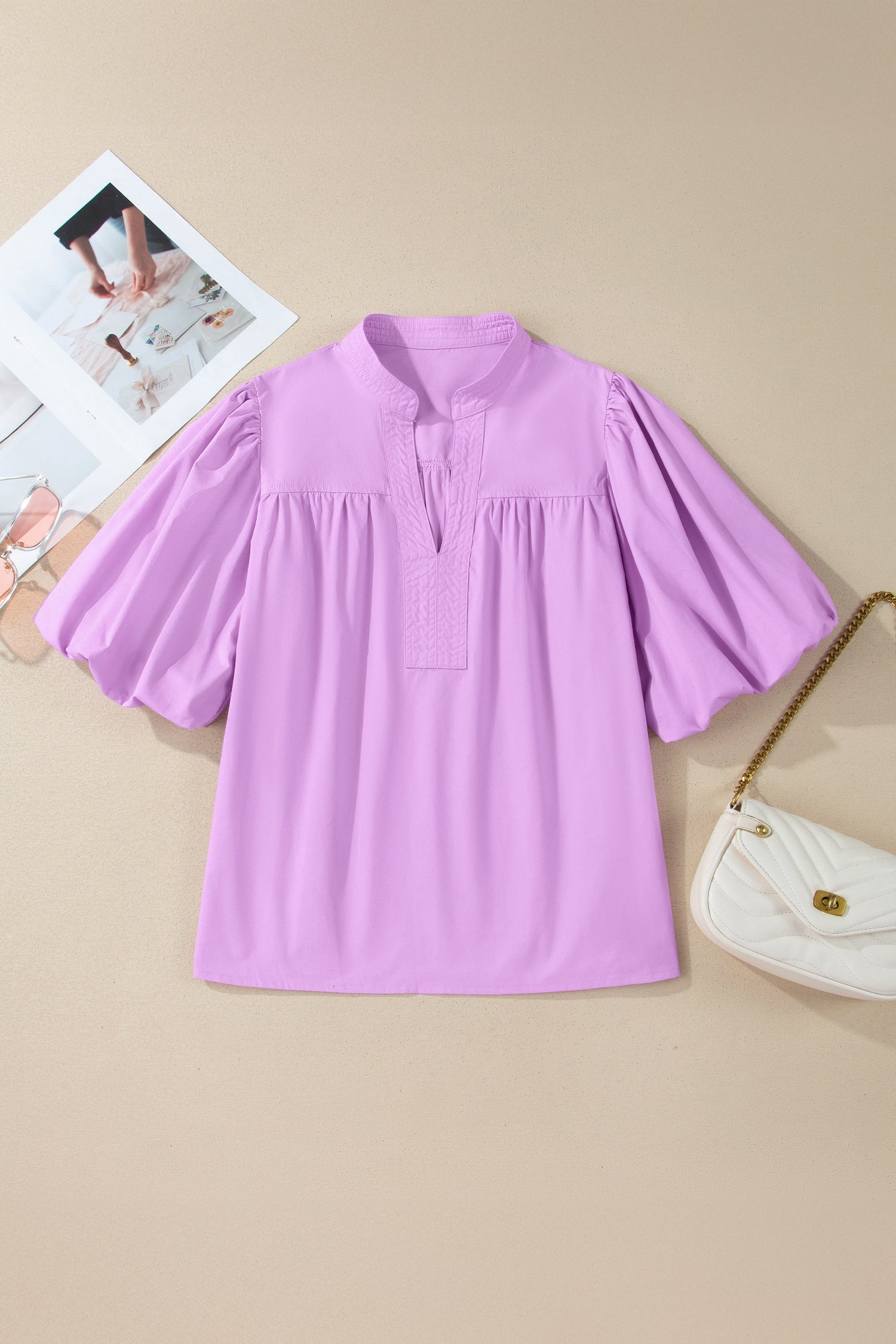Solid Stitched V-Neck Short Puff Sleeve Blouse in Phalaenopsis - back view
