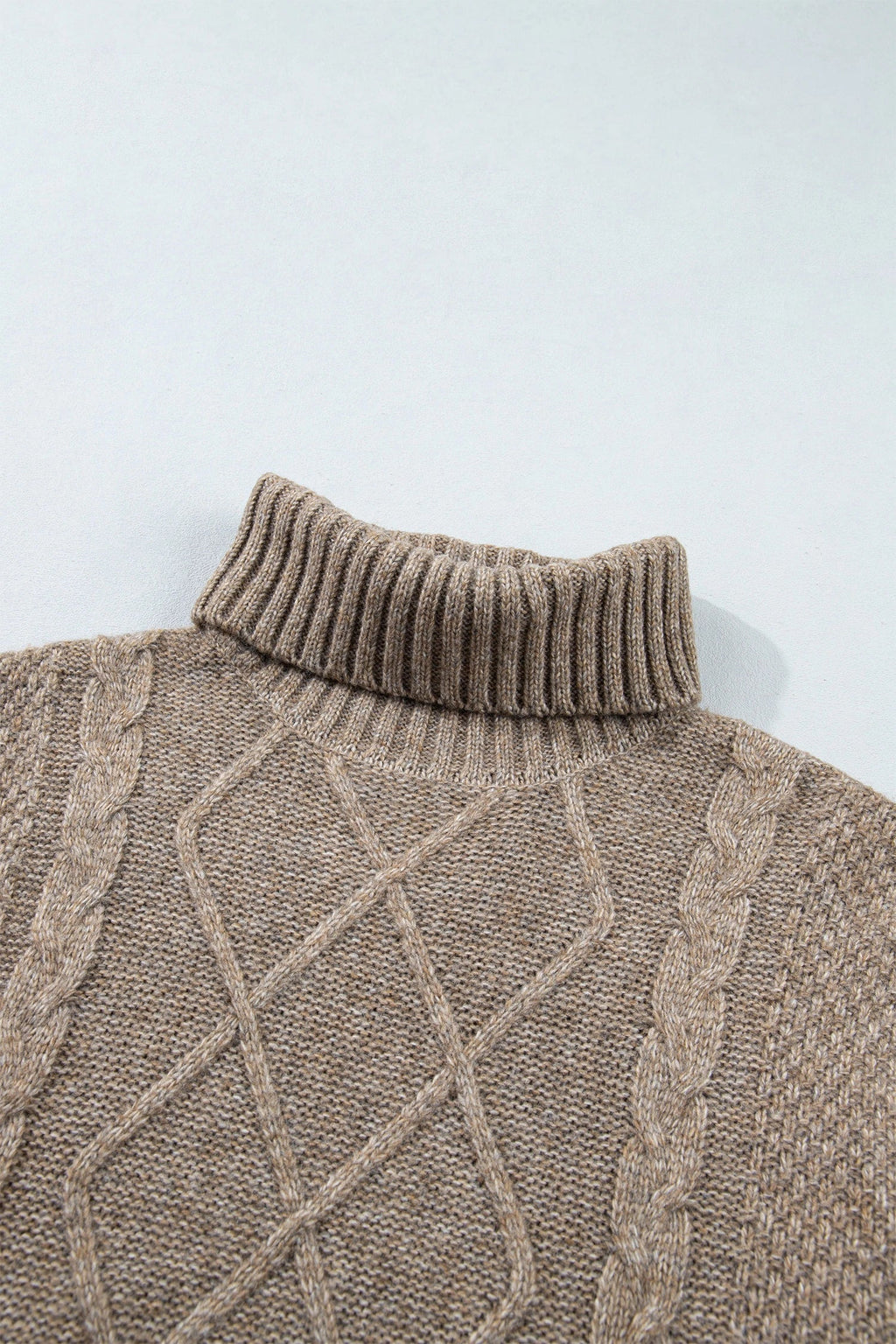Cable Knit Turtleneck Split Hem Sweater in dark khaki, back view