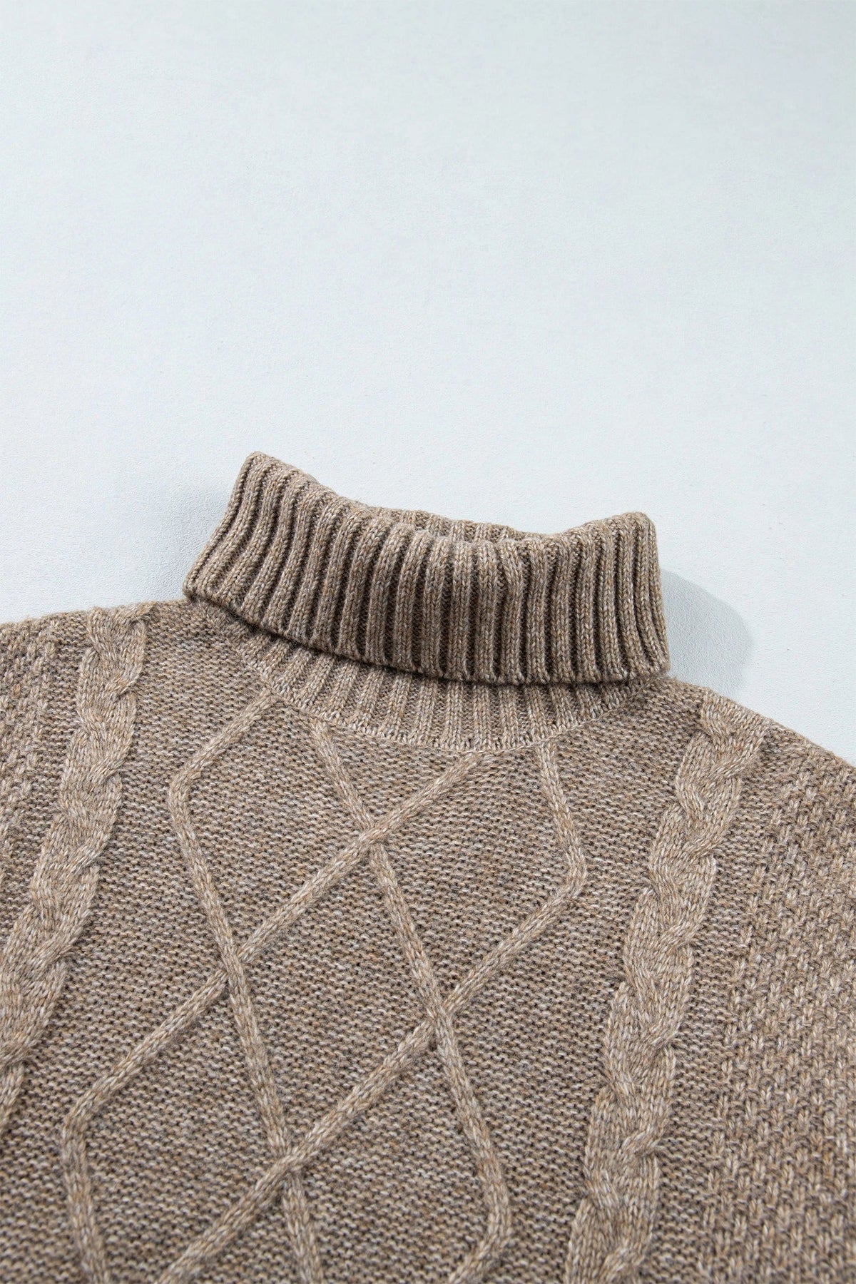 Cable Knit Turtleneck Split Hem Sweater in dark khaki, back view