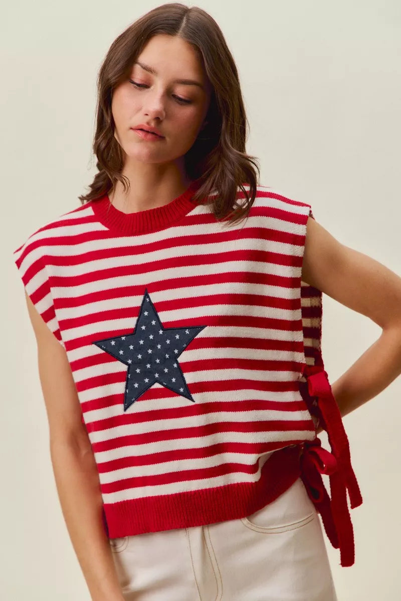 SO ME Stripe Star Patch 4th Of July Side Tie Vest Top - styled with white tee full length view