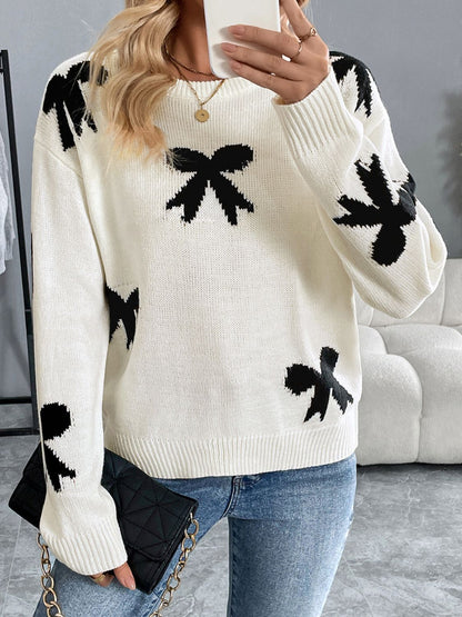 Bow Graphic Round Neck Long Sleeve Sweater