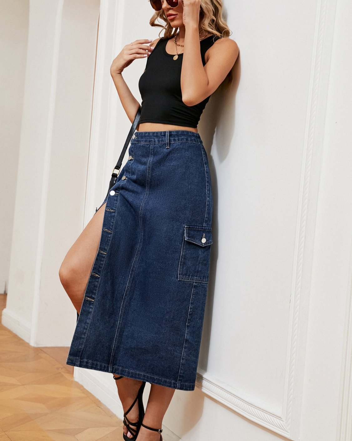 Button Down Midi Denim Skirt