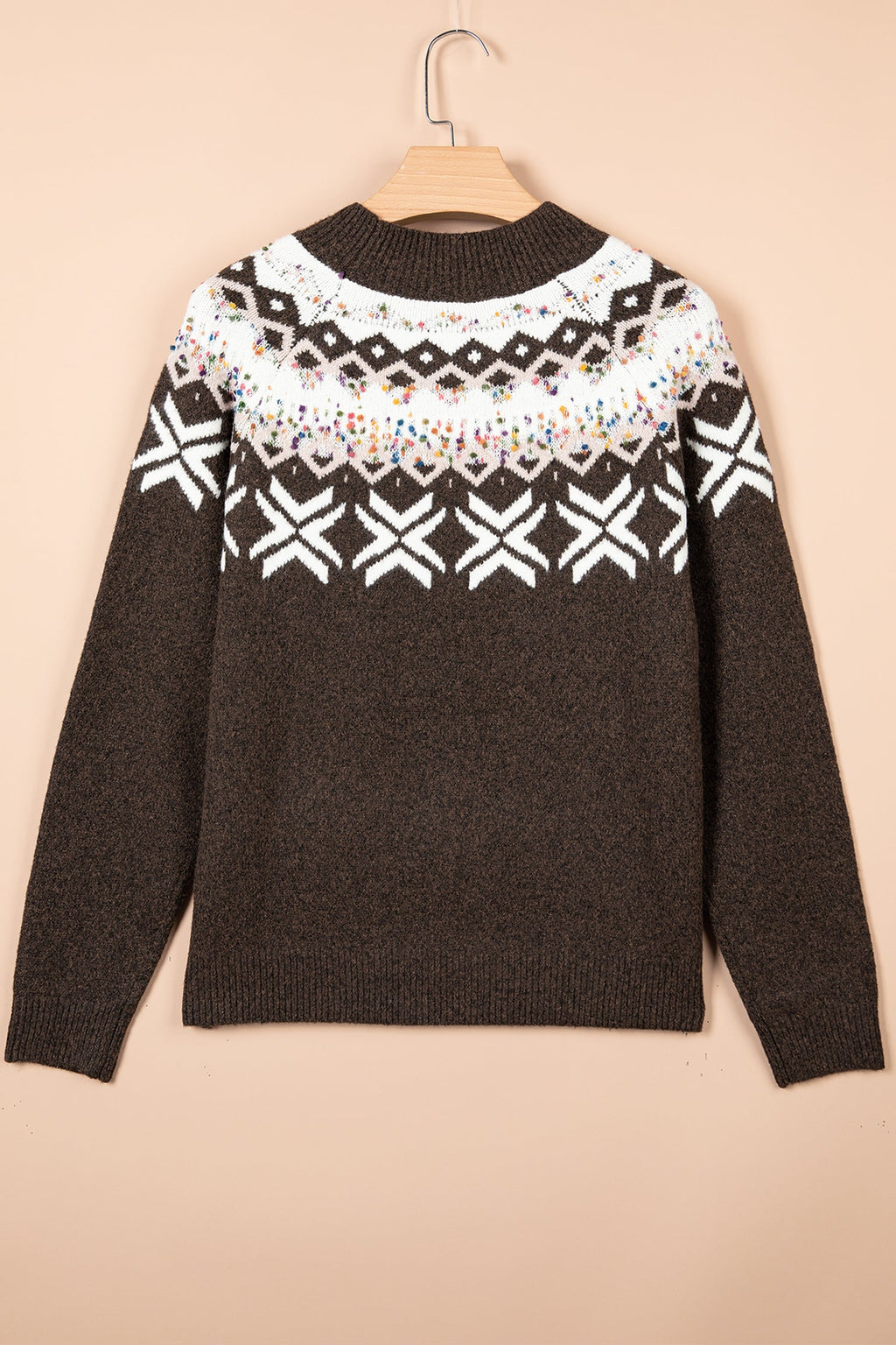 Christmas Fair Isle Raglan Sweater in chicory coffee and red dahlia, lifestyle view