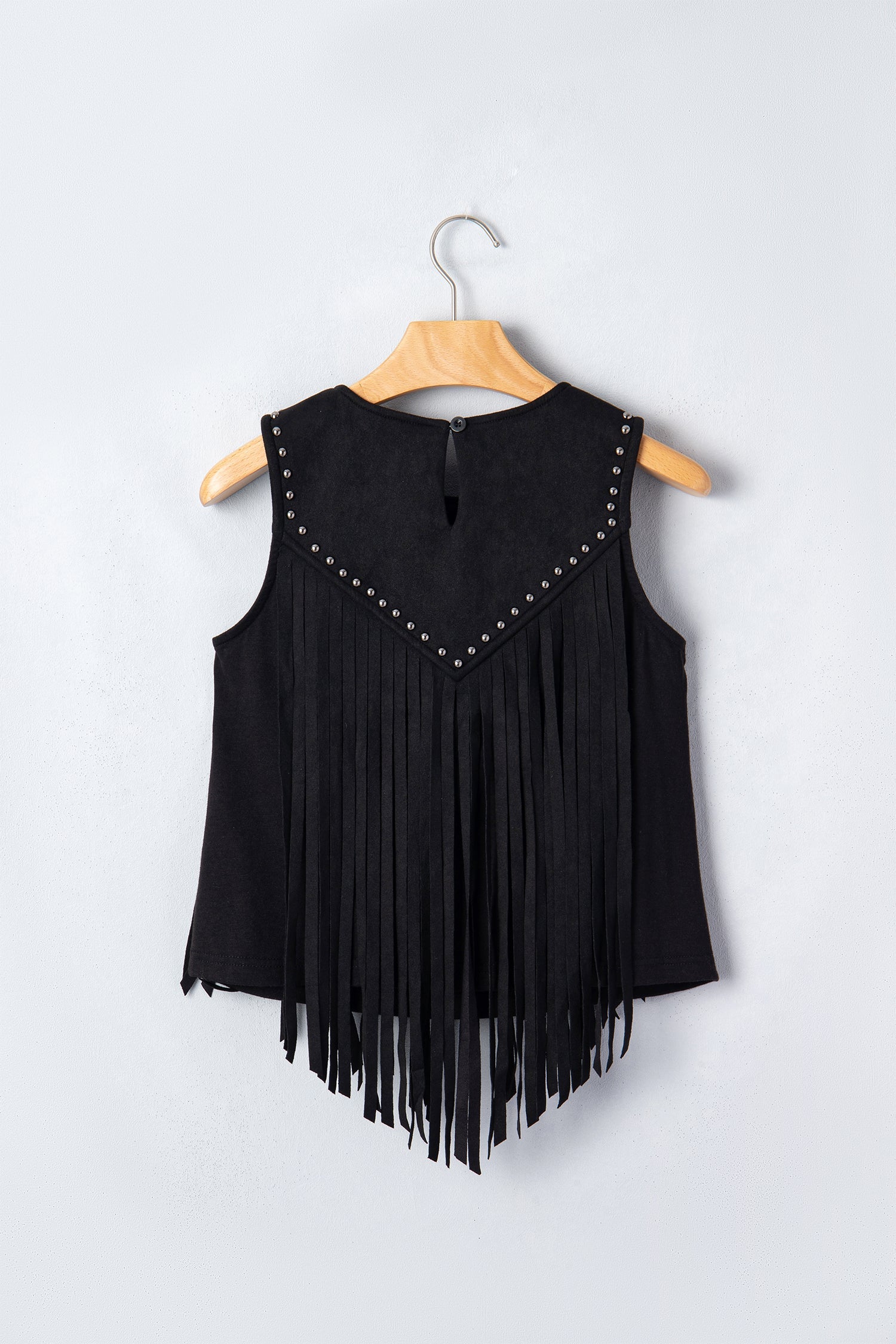 Western Fringe Rivet Panel Sleeveless Top - close up of fringe and rivet panel detail