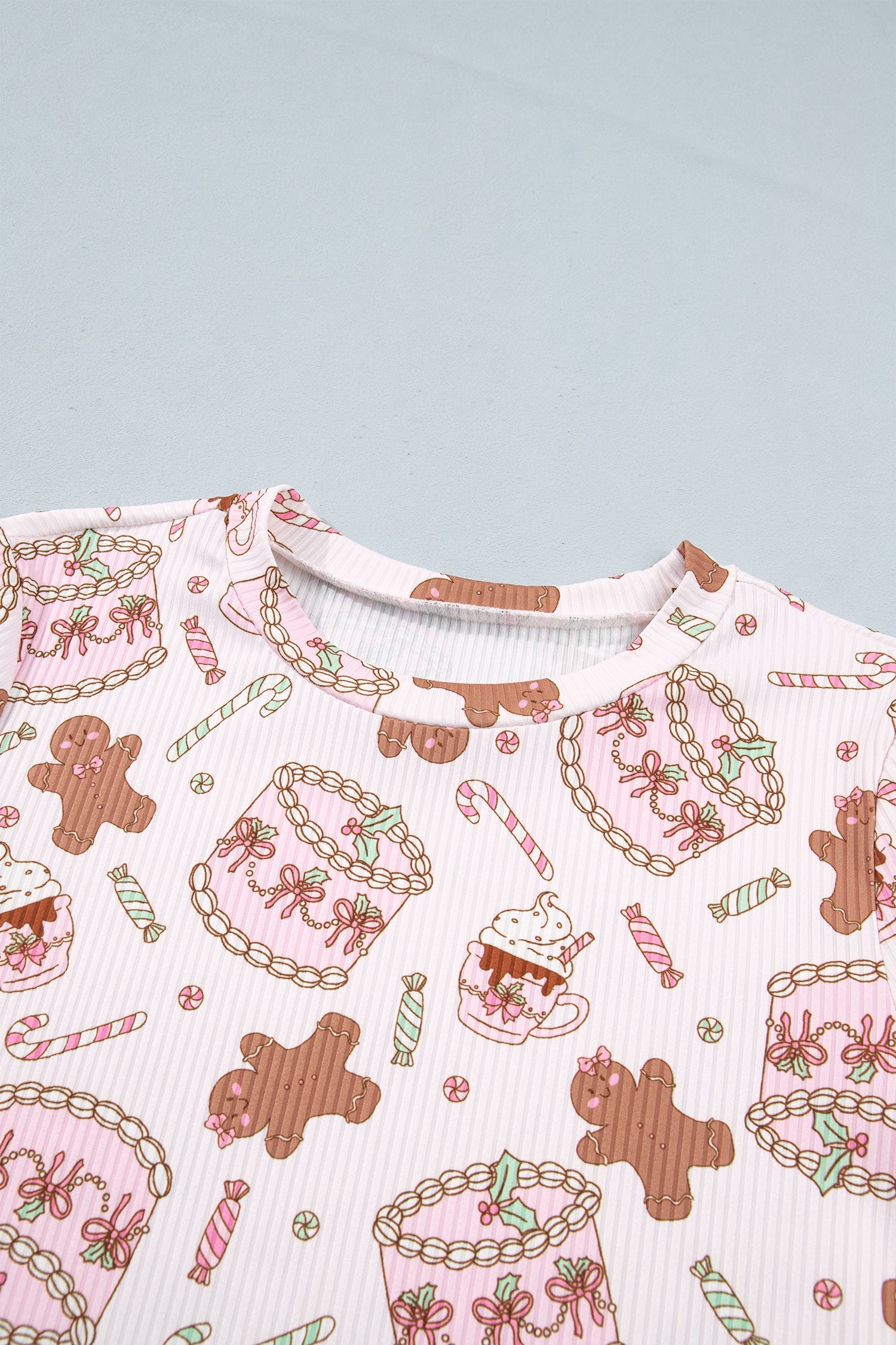 Christmas Ribbed Knit Pajama Set in pink, close-up