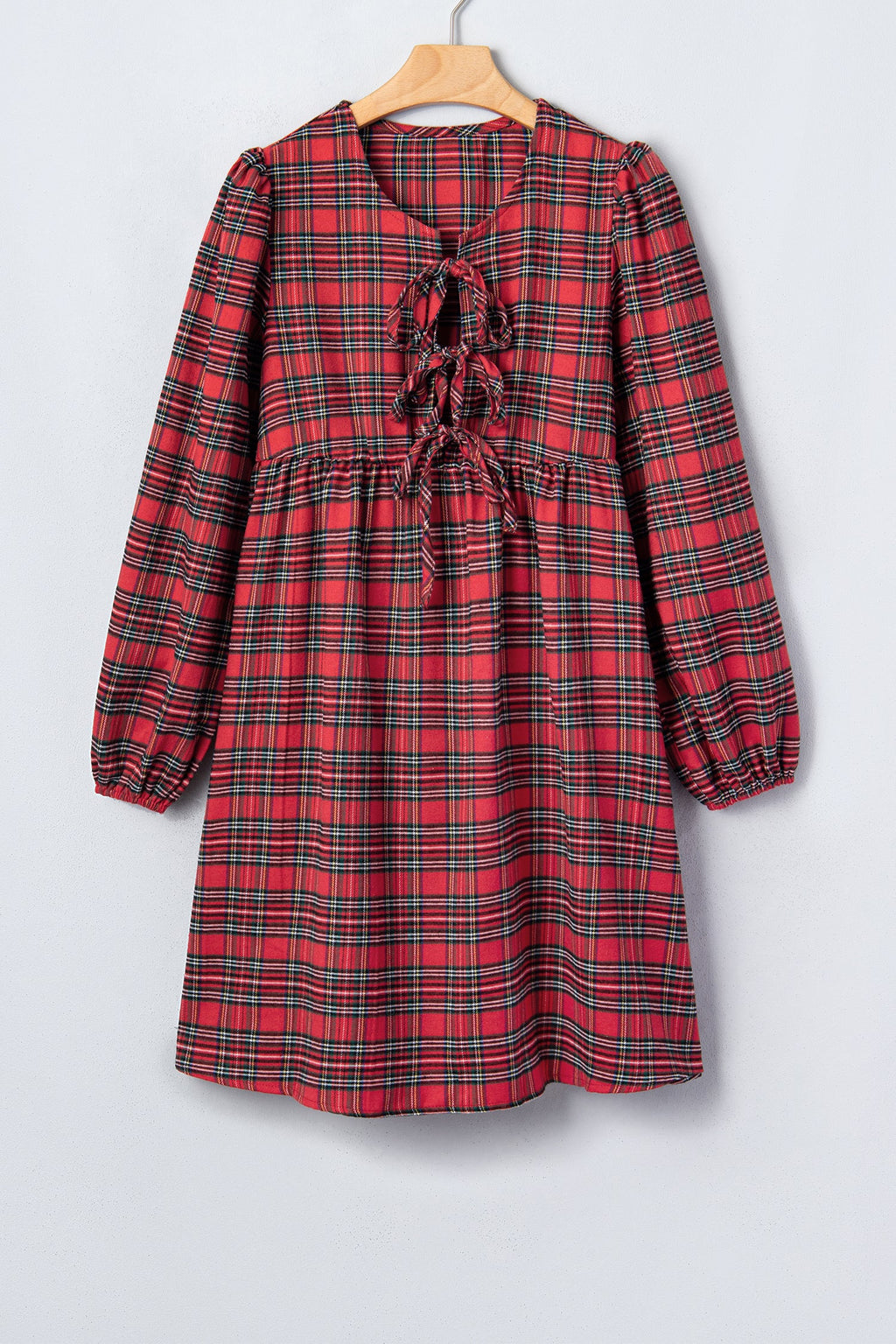Plaid Bow Tie Front Puff Long Sleeve Dress in Red, detail view