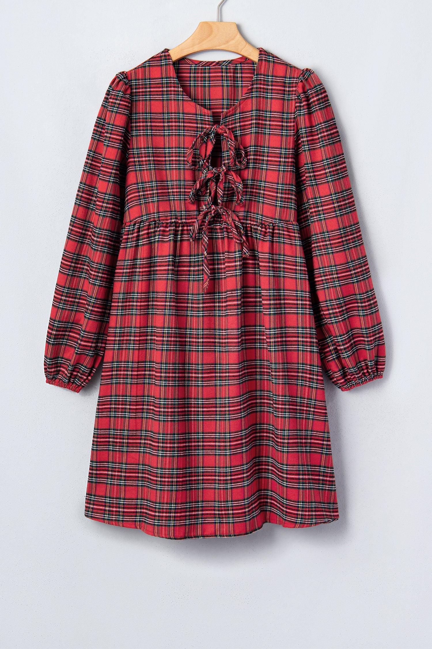 Plaid Bow Tie Front Puff Long Sleeve Dress in Red, detail view