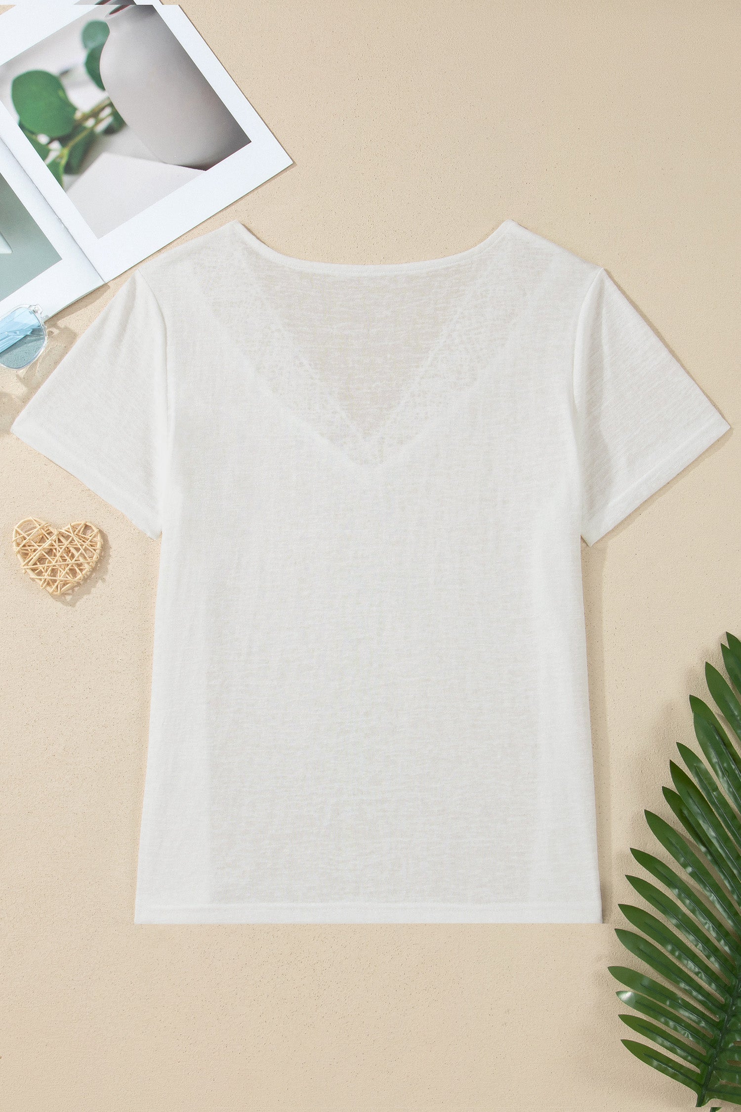 Solid Hollowed Lace Trim V-Neck T-Shirt - close up of hollowed lace trim detail at neckline