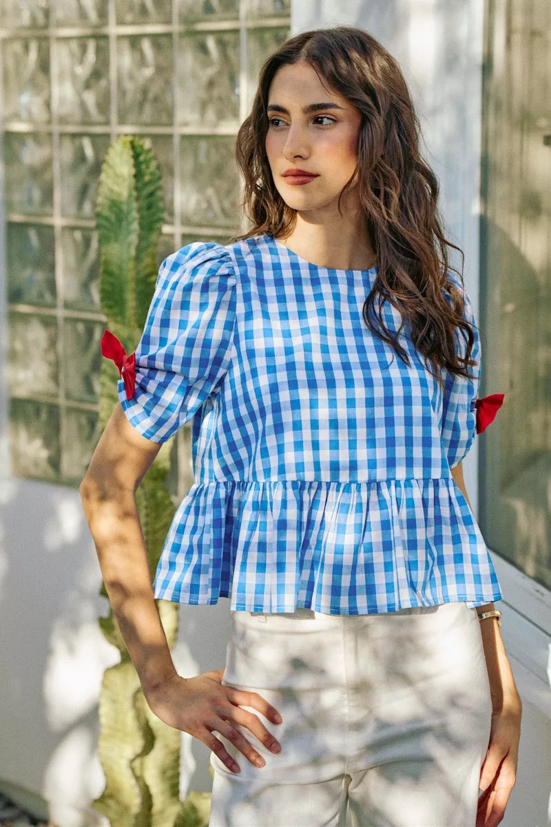 SO ME 4th Of July Gingham Ribbon Detail Short Sleeves Blouse - side view