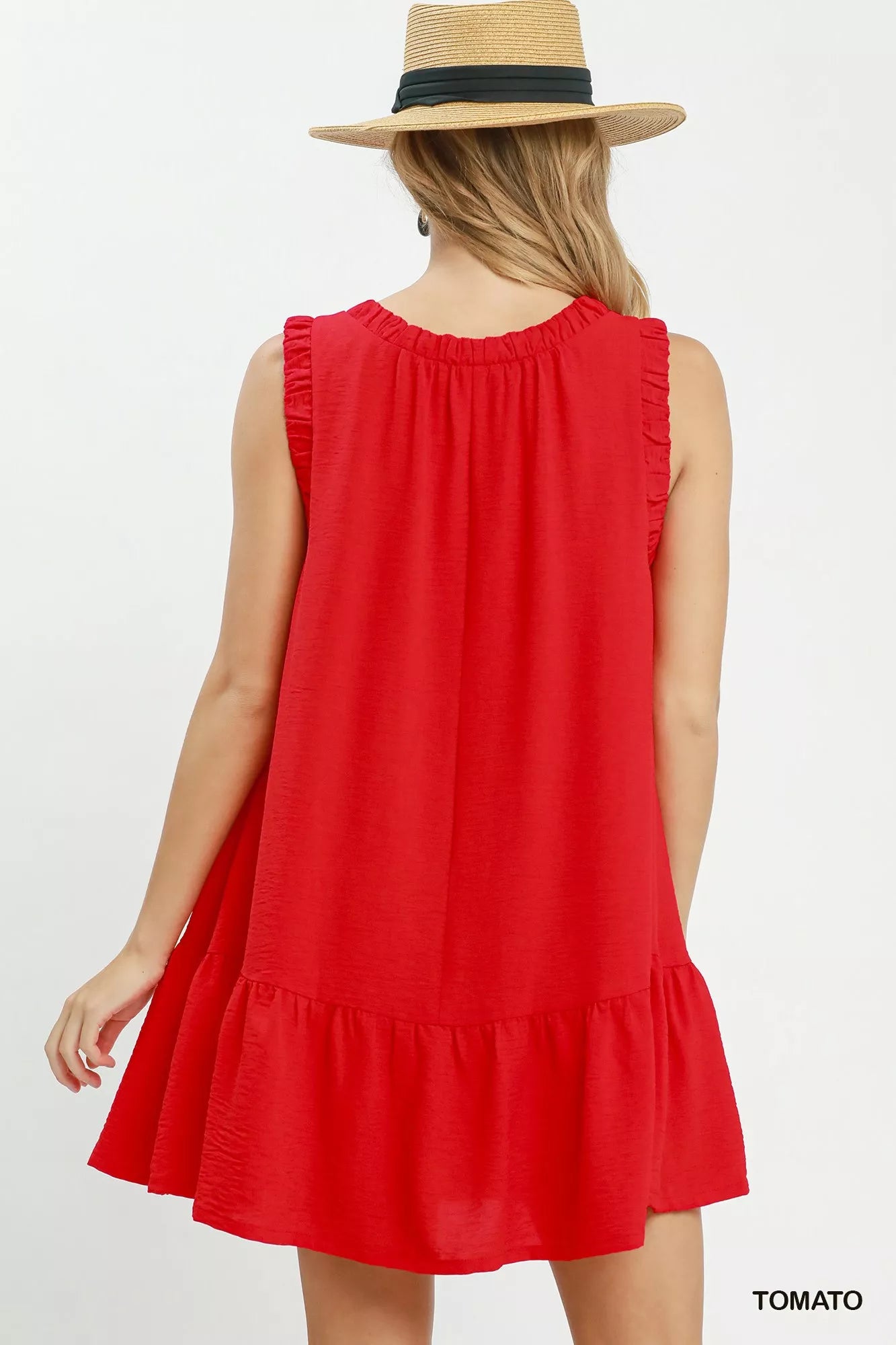 Umgee Sleeveless Ruffle Trim Drop Waist Mini Dress - close up of ruffle trim detail