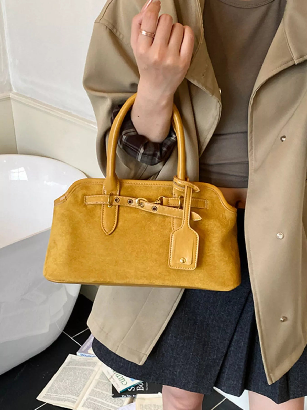Suede Buckle Detail Handbag in black, coffee brown, green and yellow, additional view 2