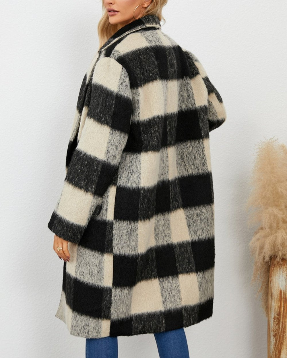 Plaid Double-Breasted Long Sleeve Coat