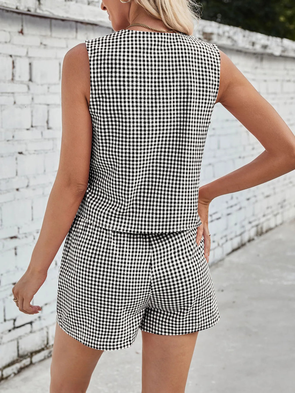 Gingham Print Tie Front Top and Shorts Set - gingham two-piece set, view 2