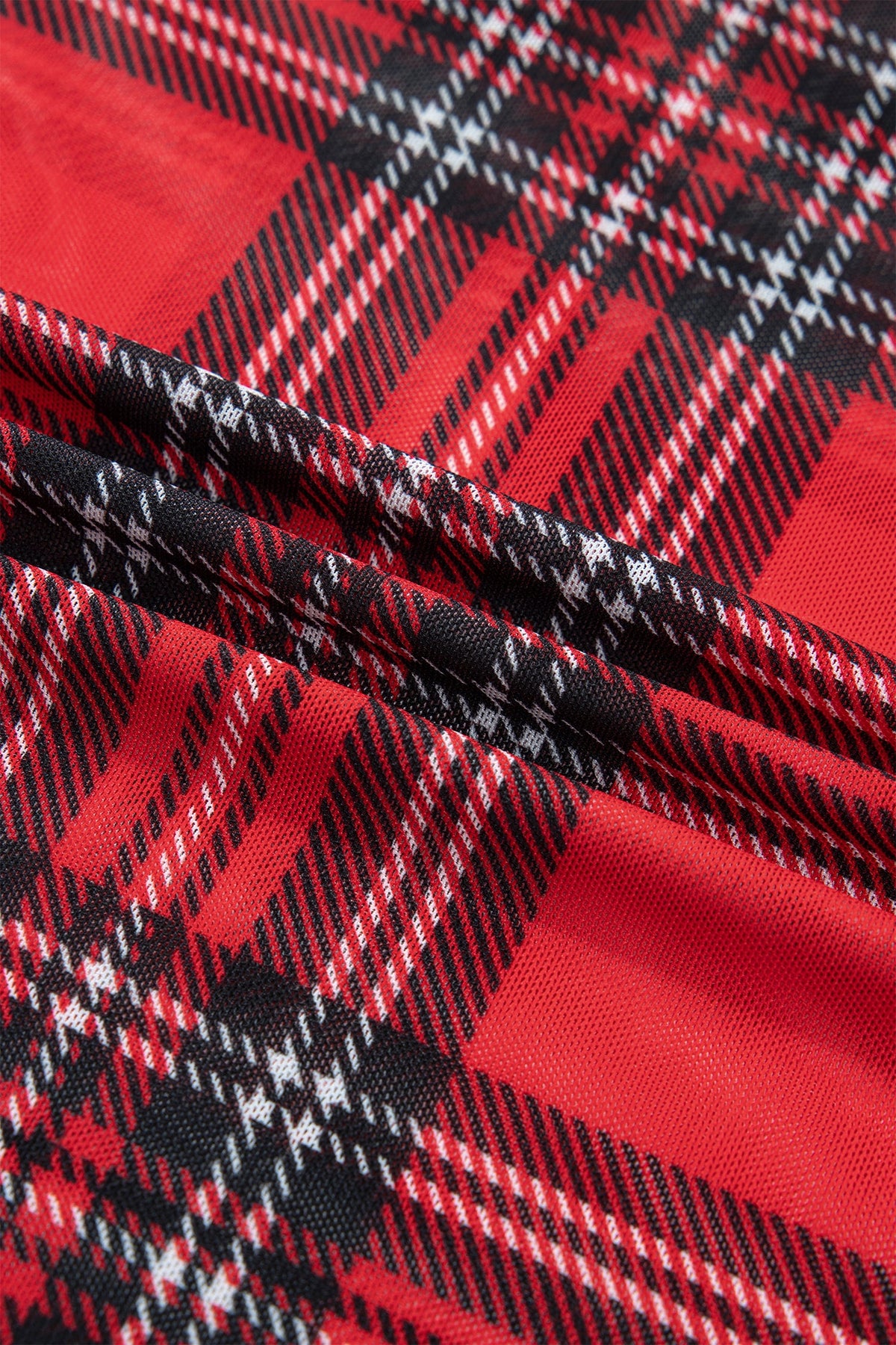 Plaid Mesh Lettuce Trim Top in red, worn