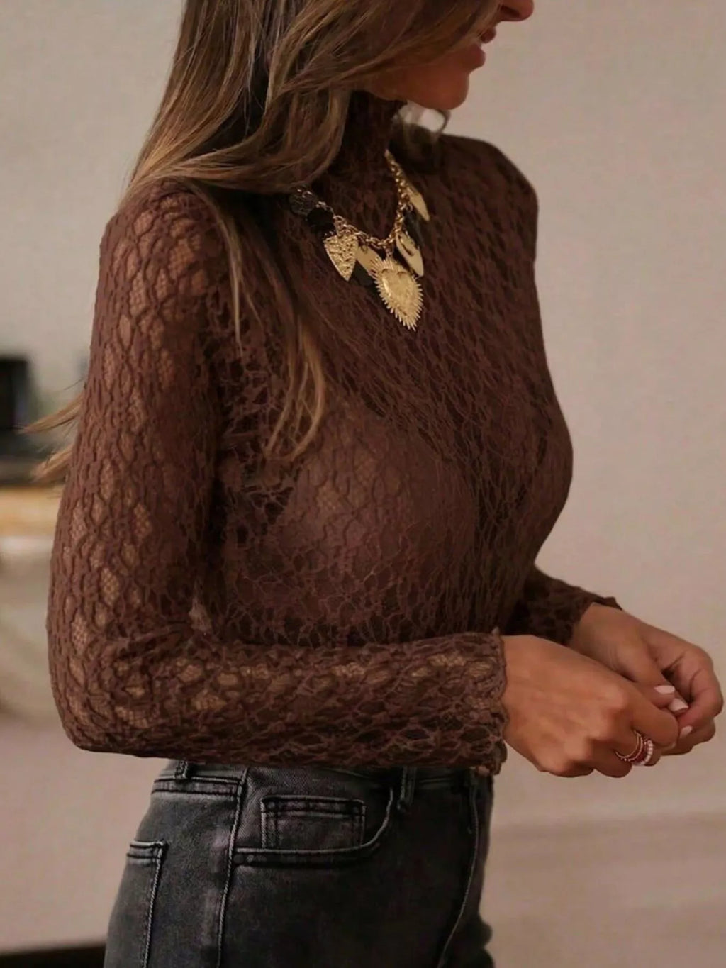 Sheer lace long sleeve top, view 16