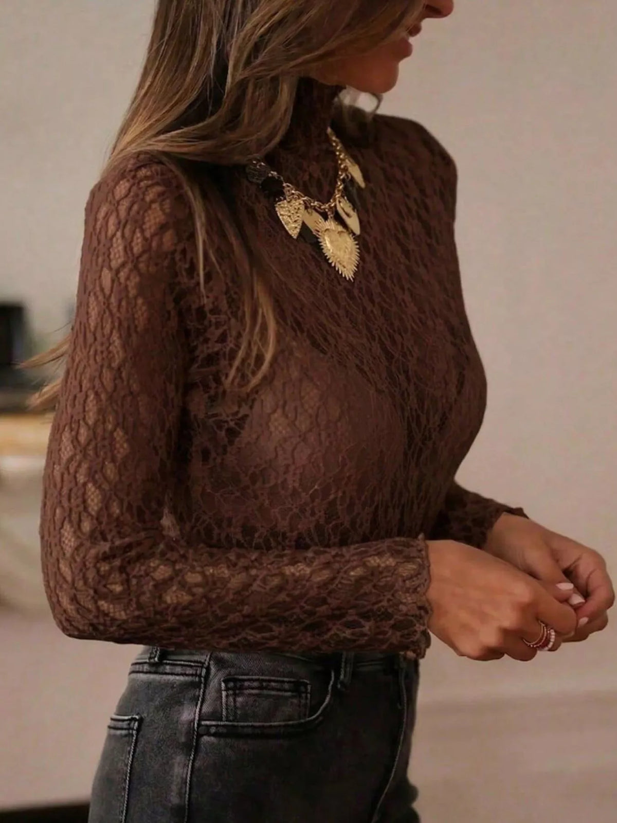 Sheer lace long sleeve top, view 16