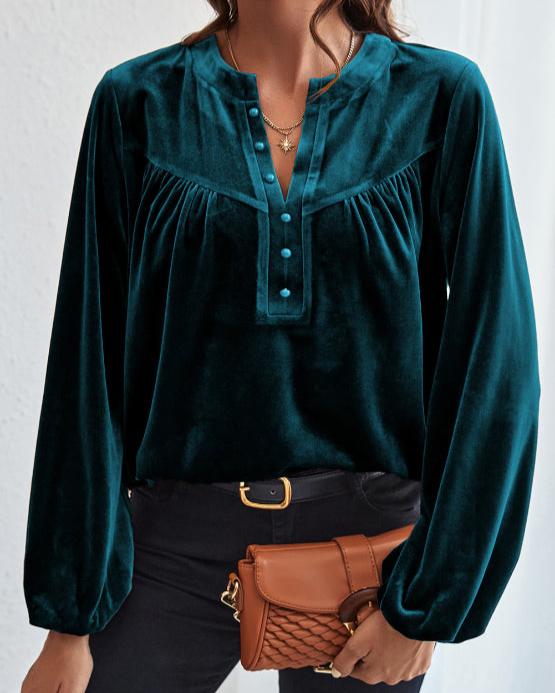 Notched Long Sleeve Velvet Top