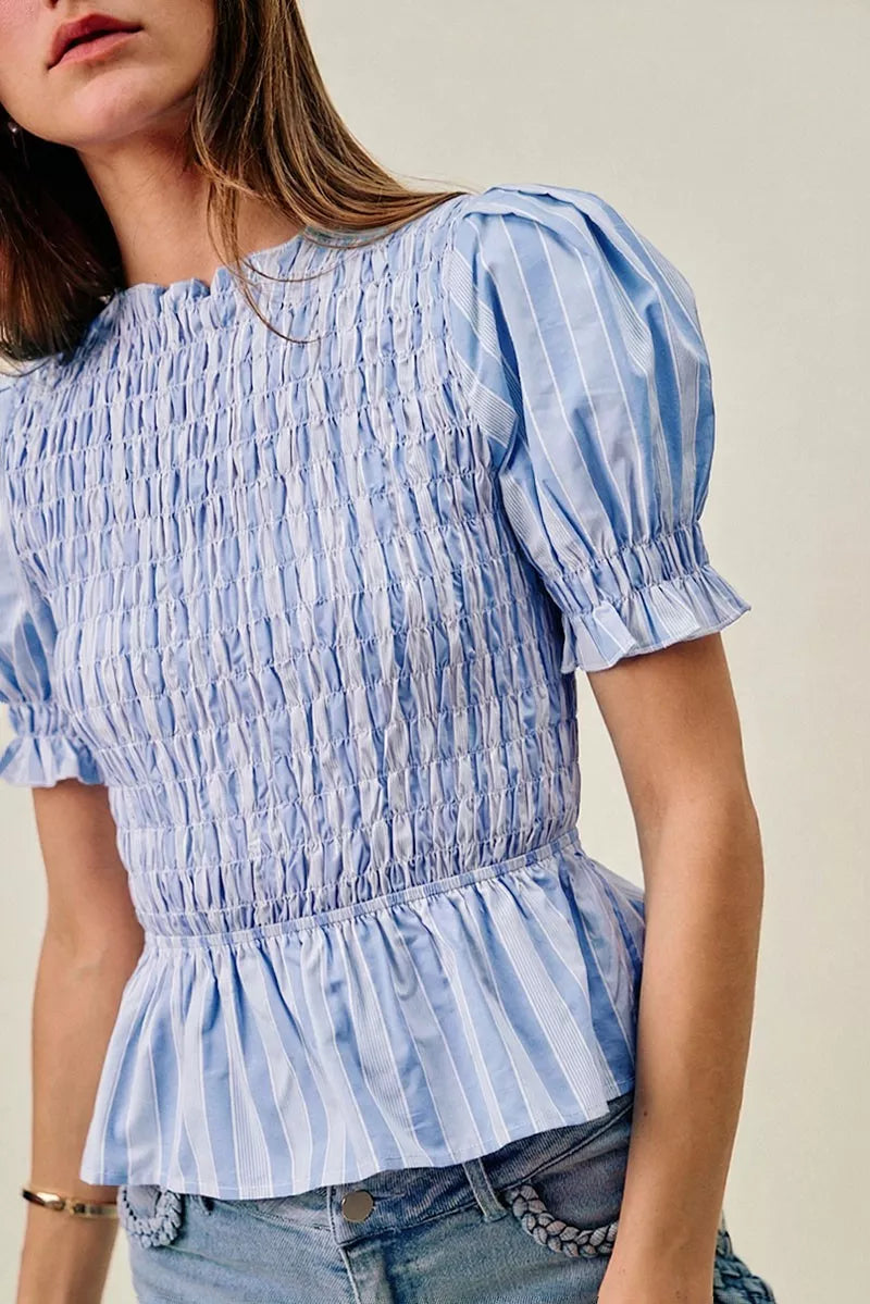 SO ME Stripe Smocked Bodice Puff Sleeves Blouse Top - back view