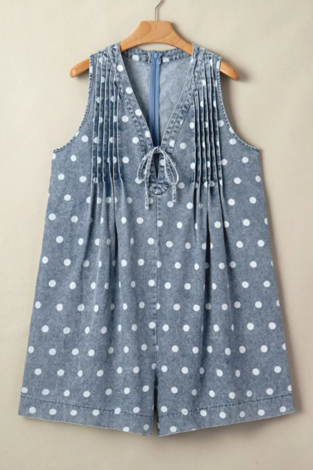 Vintage Polka Dot Denim Romper in Light Blue - side view