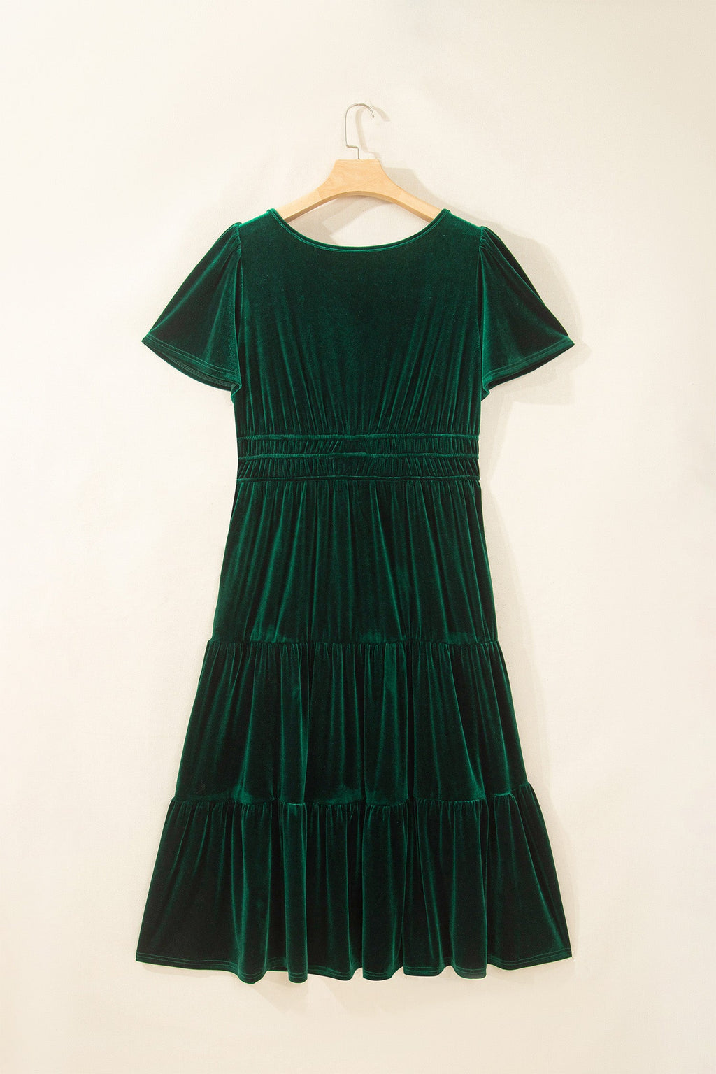 Plus Size Velvet Tiered Maxi Dress in blackish green, styled view