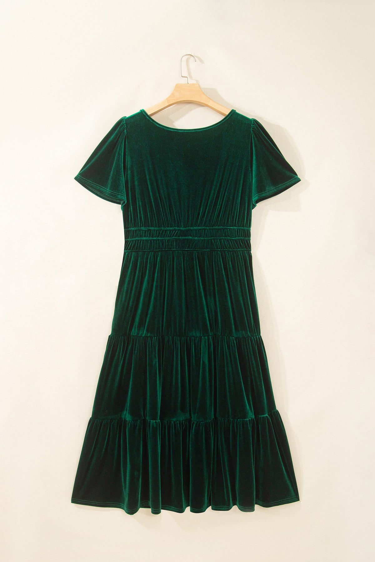 Plus Size Velvet Tiered Maxi Dress in blackish green, styled view