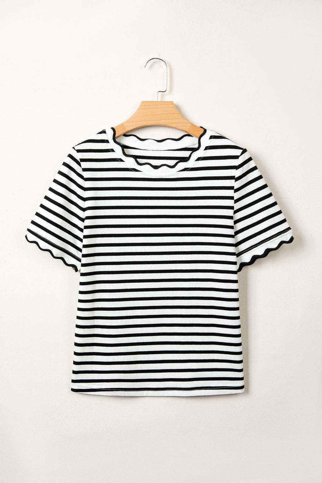 Stripe Scalloped Trim Round Neck T-Shirt in Black Stripe - back view