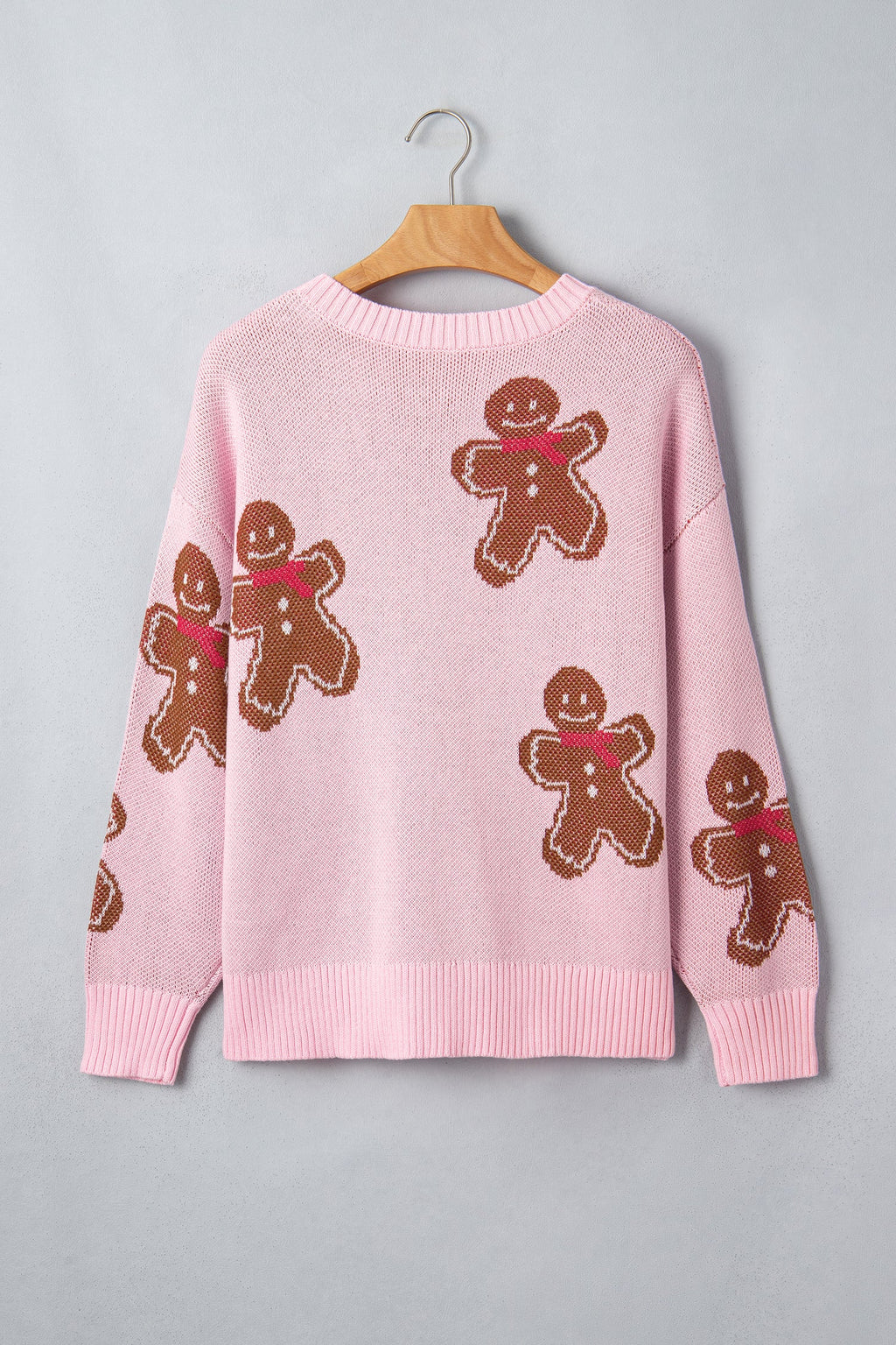 Christmas Gingerbread Round Neck Sweater in pink, worn