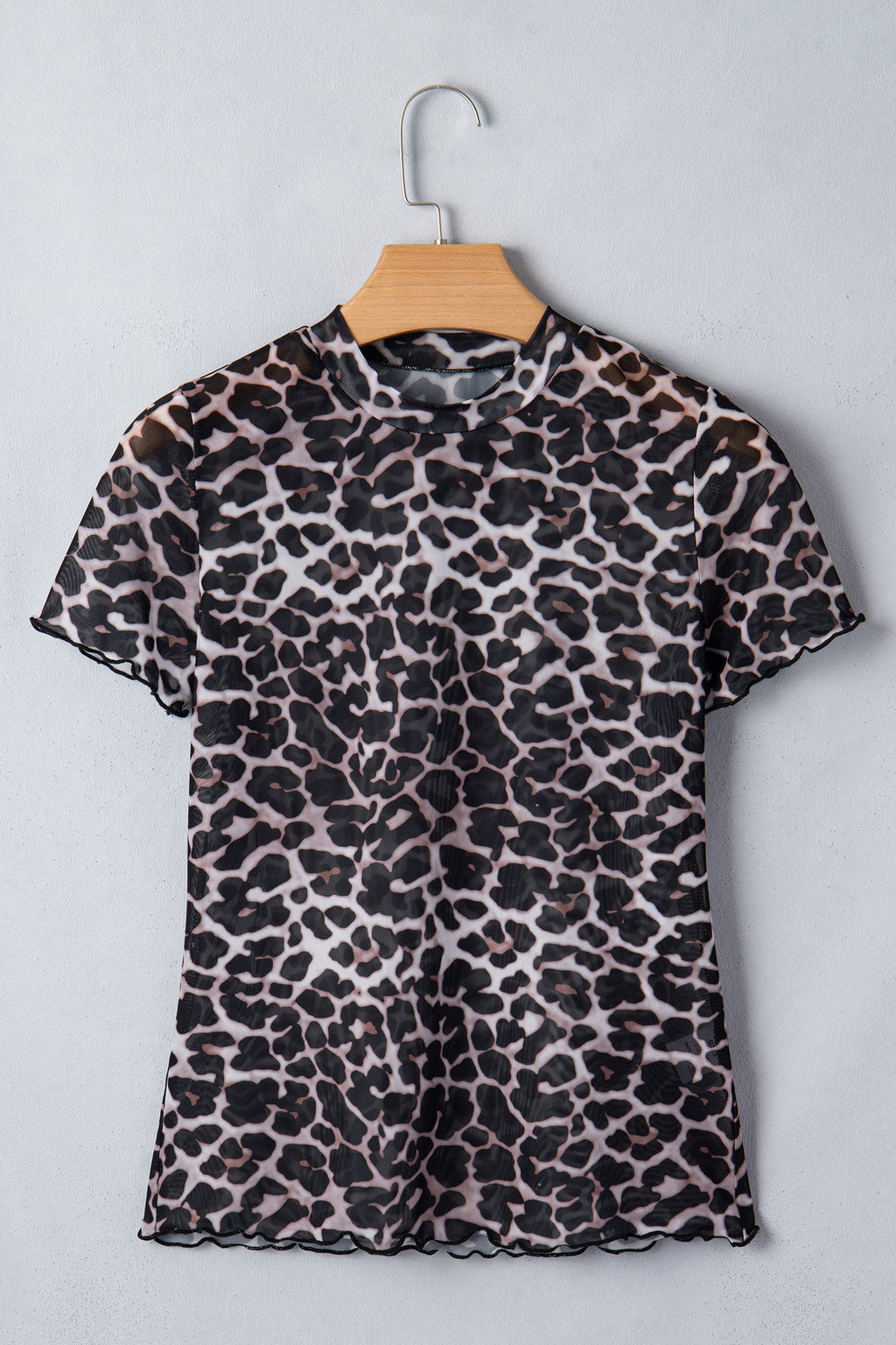 Leopard Sheer Mesh Short Sleeve Top in Khaki - back view