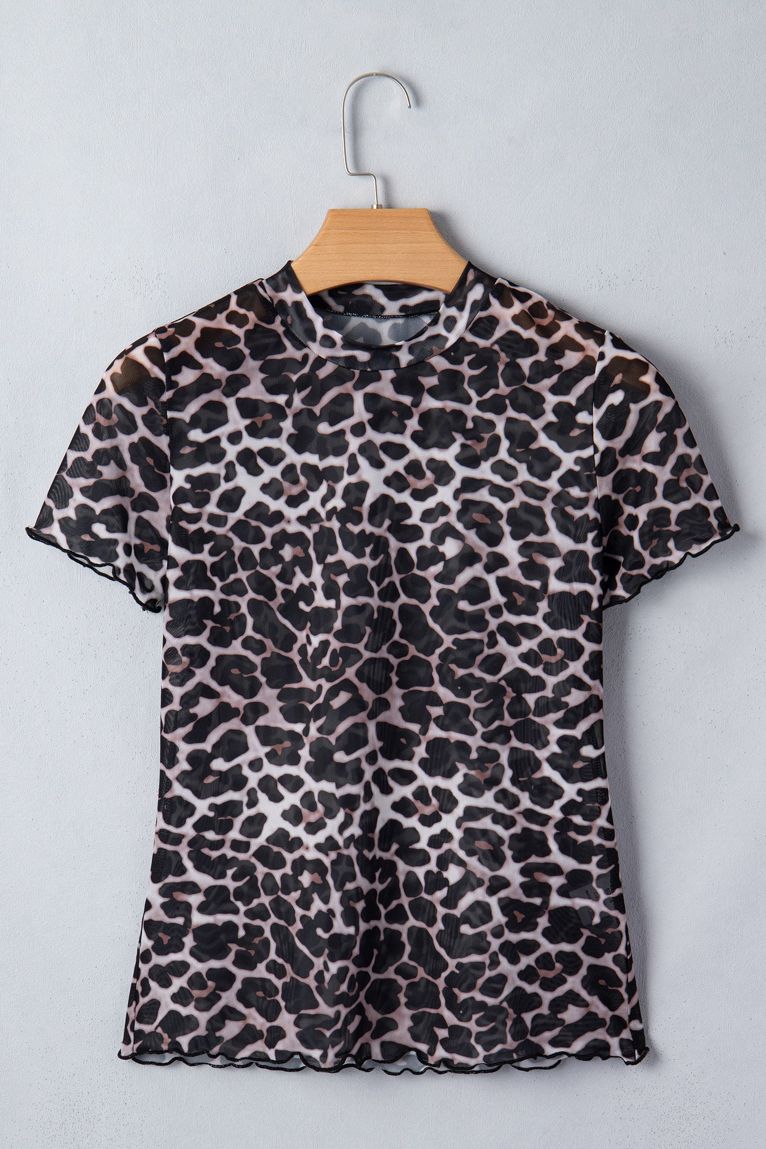 Leopard Sheer Mesh Short Sleeve Top in Khaki - back view